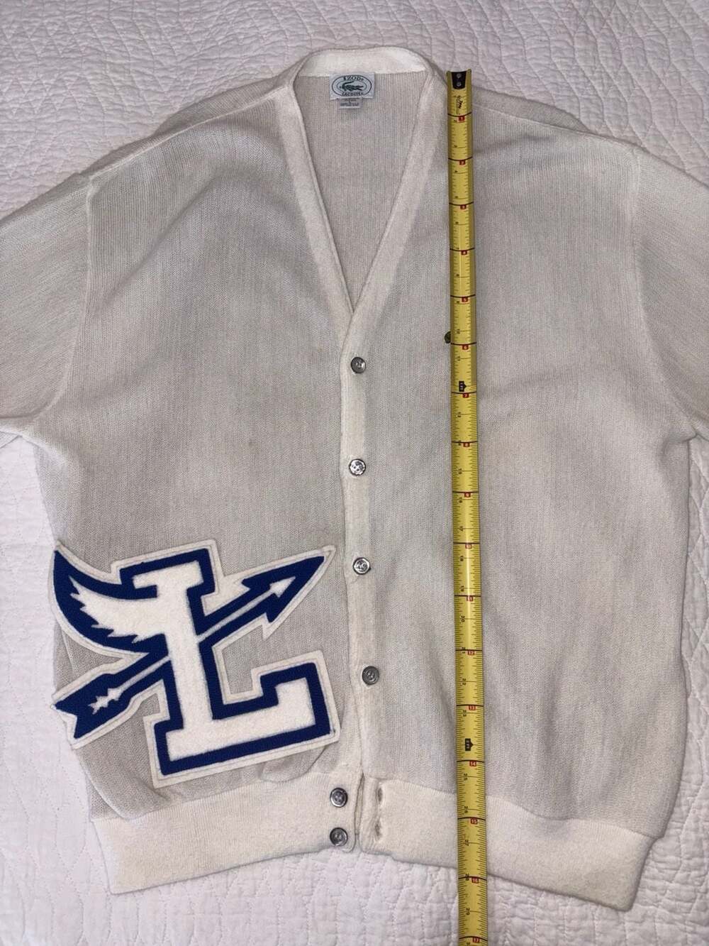 Vintage IZOD Lacoste Cardigan Sweater Large USA Varsity Letter L Patch 70s 80s
